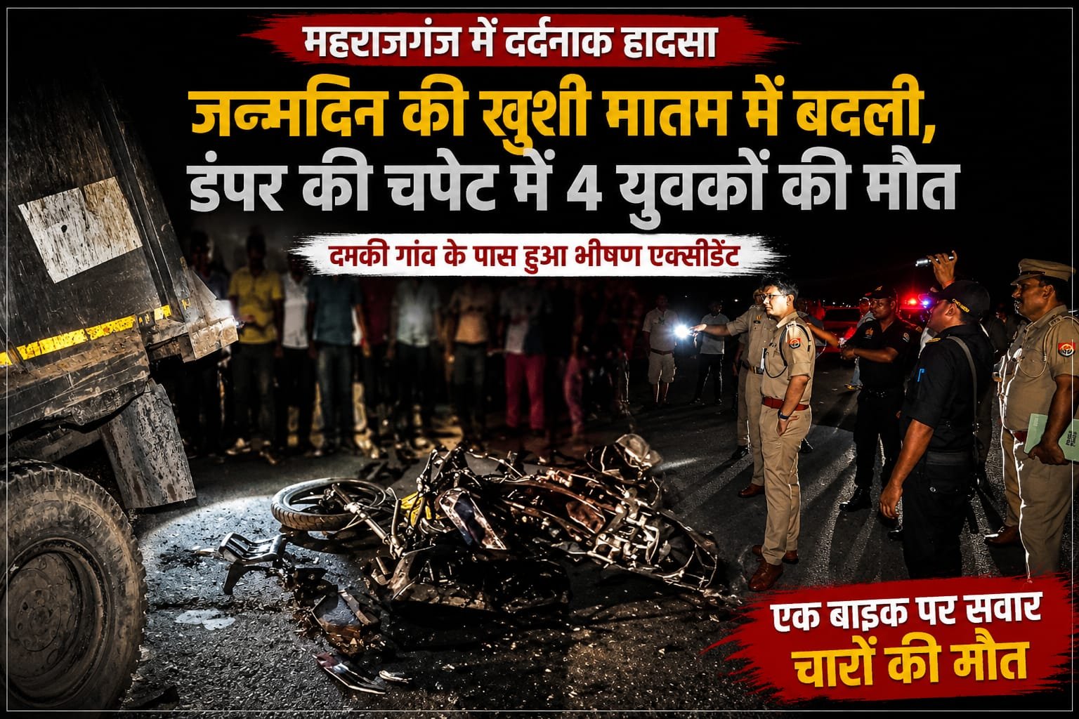 Maharajganj में दर्दनाक हादसा: जन्मदिन की खुशी मातम में बदली, डंपर की चपेट में 4 युवकों की मौत